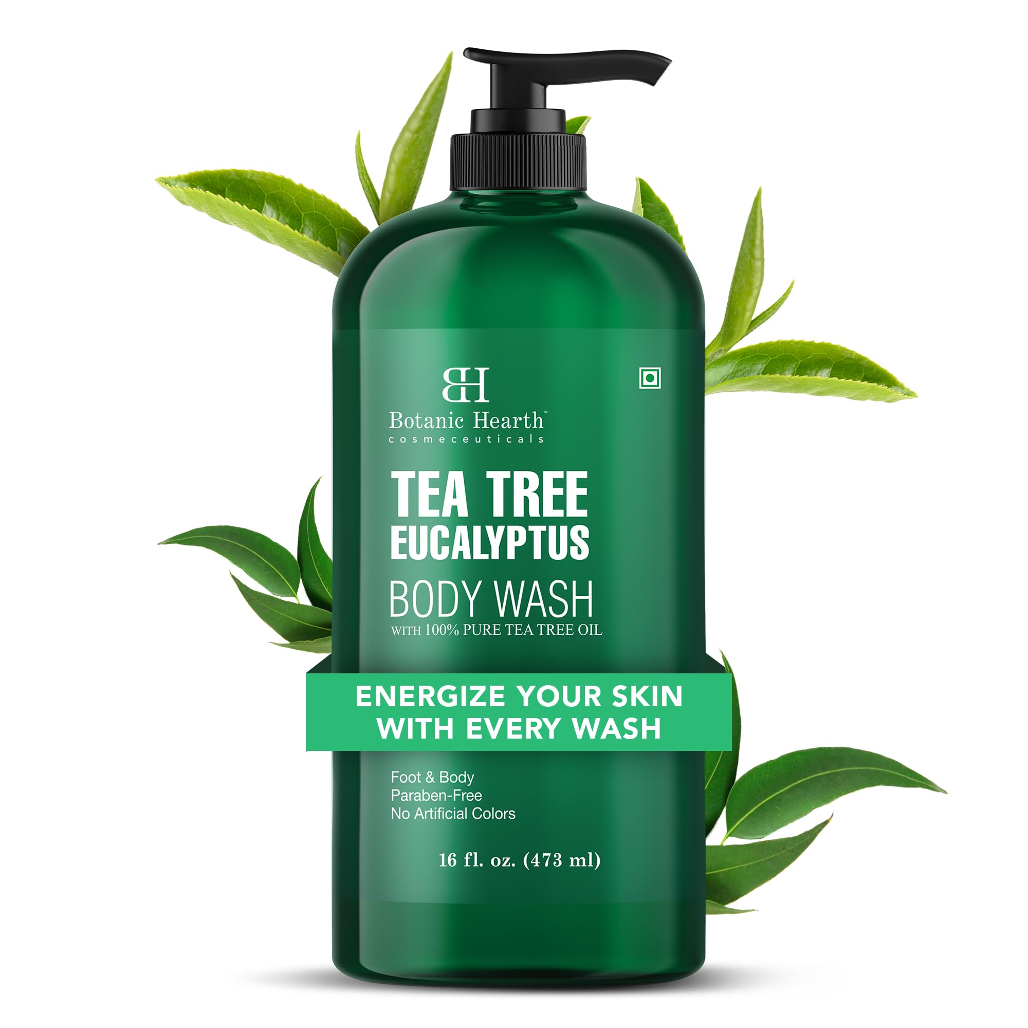 Botanic Hearth Tea Tree & Eucalyptus Body Wash 16 fl oz (473 ml) | Antifungal Cleanser with Peppermint & Sea Buckthorn, Soothes Dry Itchy Skin & Body Odour, Sulphate & Paraben Free — image 1