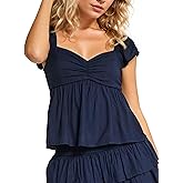 HOCANDY Womens Flowy Peplum Tank Tops Ruffle Sleeve Babydoll Tank Top Sweetheart Neck Smocked Back Short Sleeve Going Out Top