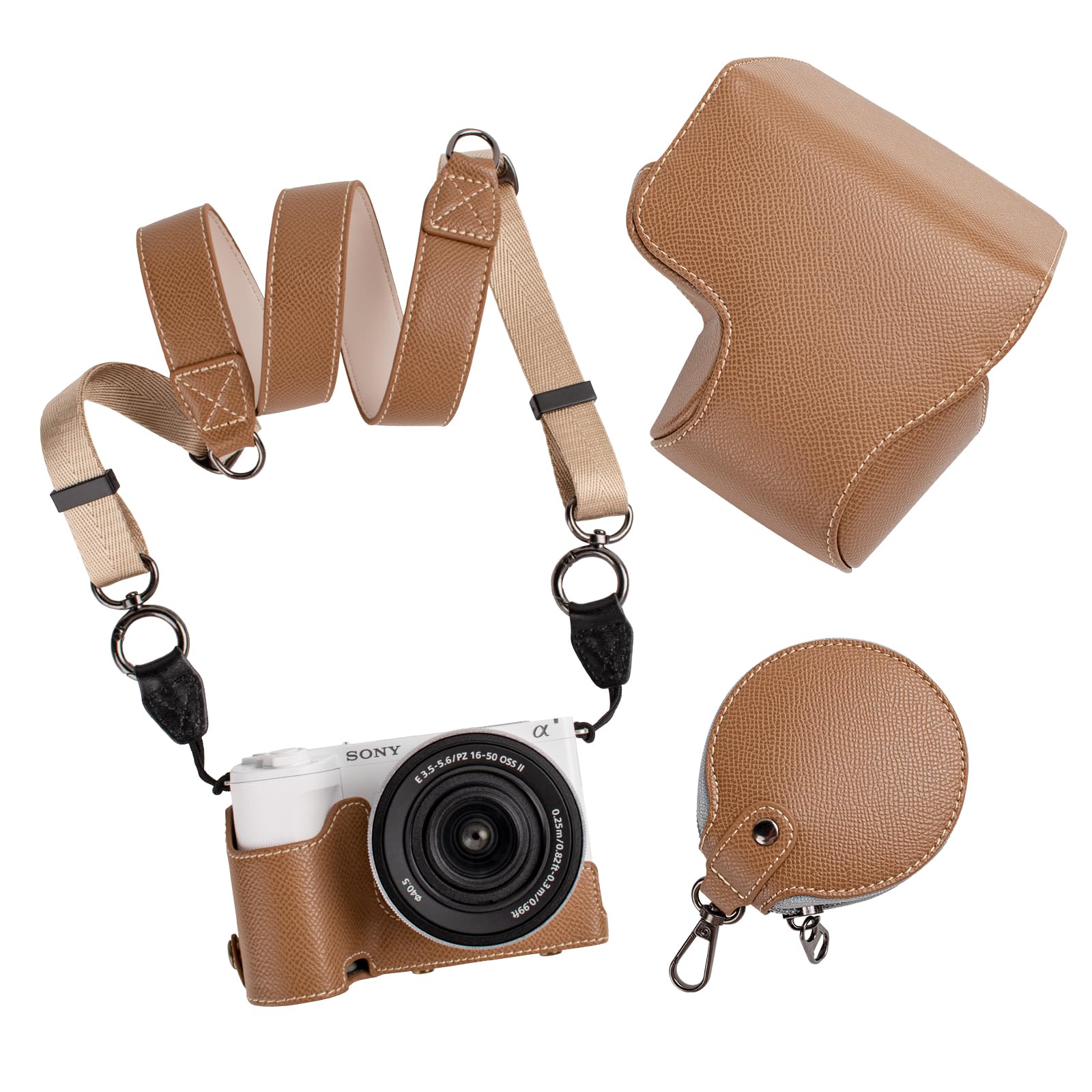 MUZIRI KINOKOO Protective Case for Sony ZVE10 II/ZV-E10 II, PU Leather Case for Sony Alpha ZV-E10 II/ZVE10 II Camera with 16-50mm Lens - Removable Case with Shoulder Strap & Storage Pocket - Khaki