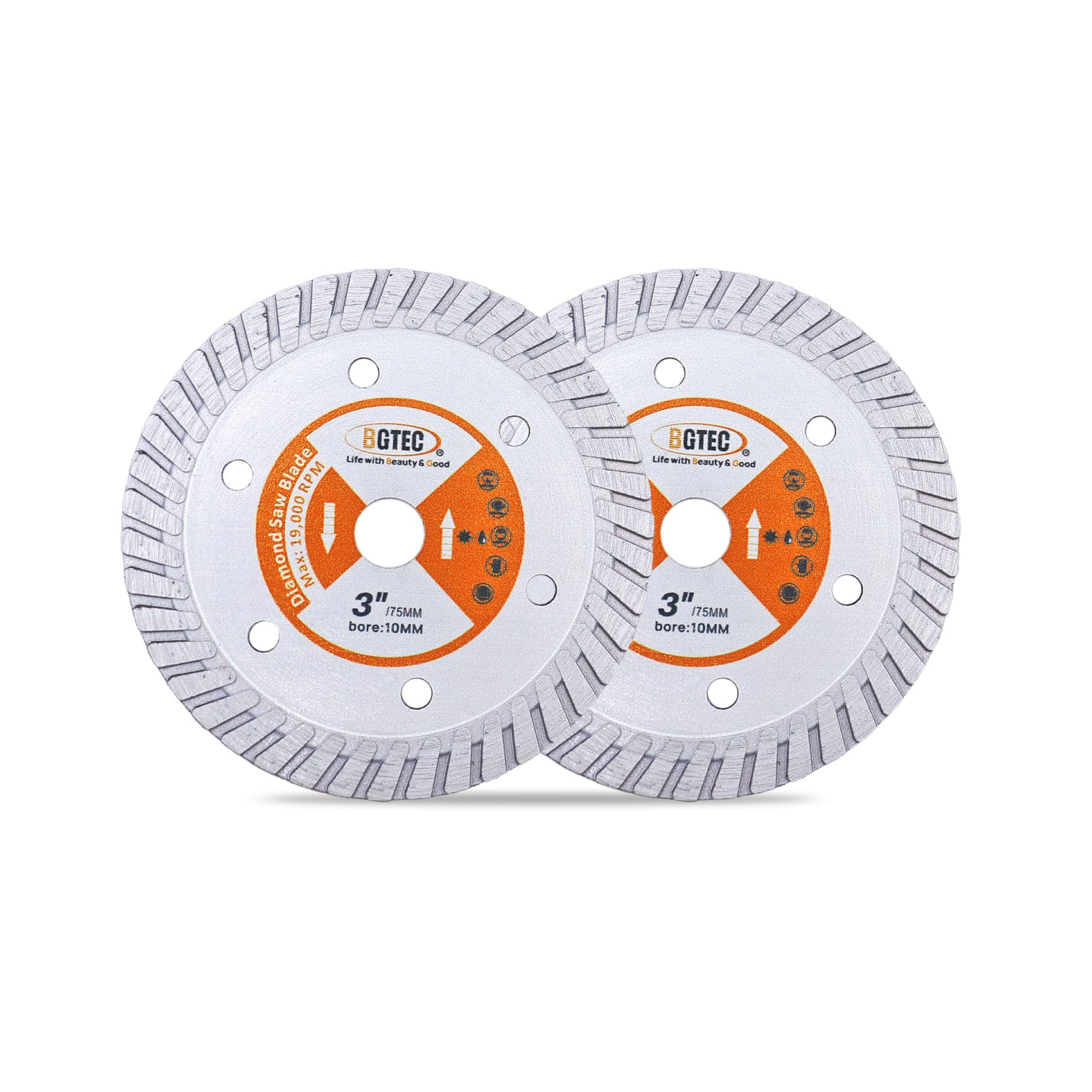 BGTEC Diamond Granite Turbo Saw Blade - 2pcs 75MM Concrete Cutting Disc for Concrete Stones Granite Marble Masonry, 10mm Arbor Hole