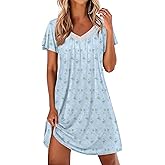 Ekouaer Womens Nightgown Lace Trim V Neck Sleep Shirt Flare Short Sleeve Night Gown Pleated Nightshirt Ladies Nightdress