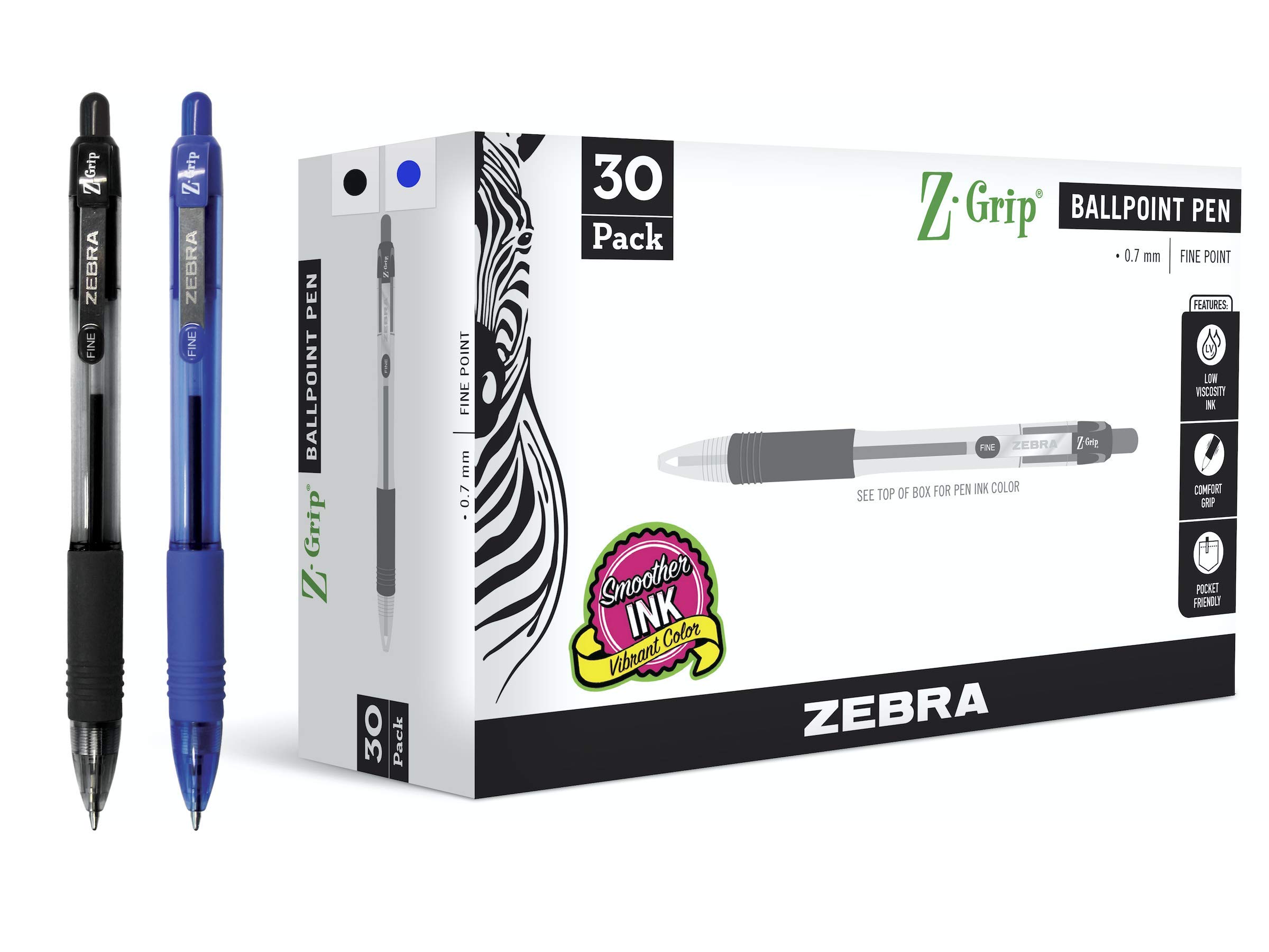 Zebra Pen Z-Grip Retractable Ballpoint Pen, Fine Point, 0.7mm, Black/Blue Ink, 180-Pack, Assorted Image