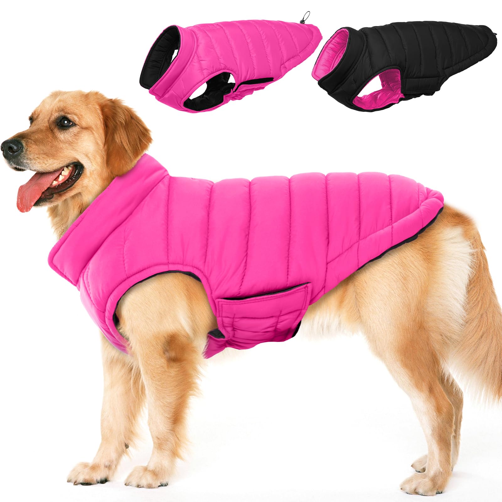 Lelepet Reversible Dog Winter Coat, Warm Waterproof Jacket for Large dogs, Puppy Winter Puffer Jacket, Windproof Dog Vest, Easy on/Off, Rose Red 2XL
