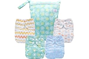 YULUONAPS Reusable Baby Cloth Diapers with AWJ Lining, Washable Pocket Diapers for Boys and Girls, 4 Pack with 4 Inserts+One Wet Bag (Umbrella)
