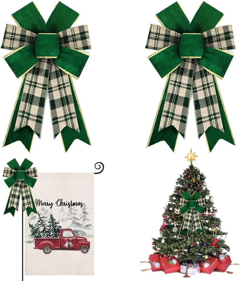 Bows & Ribbons - Hying 2PCS Christmas Bows for Wreath, Green Velvet Wreath Bows for Christmas Décor Gold Edge Plaid Winter Bows for Front Door Indoor Outdoor Wall Tree Topper Decoration Supplies Christmas Ornament