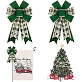 Hying 2PCS Christmas Bows for Wreath, Green Velvet Wreath Bows for Christmas Décor Gold Edge Plaid Winter Bows for Front Door Indoor Outdoor Wall Tree Topper Decoration Supplies Christmas Ornament