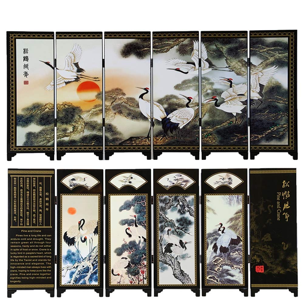 MLZYKYJZ Chinese Small Folding Screen, Screen Dividers 6 Panel Wooden Folding Mini Screens Of Gifts With Flower Bird Zen Artistic Patterns For Living Room And Desktop Decorative (A)