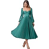 JIURSDA Satin Tea Length Cocktail Dresses for Women with Sleeves Sweetheart Pleated Long Sleeve Formal Dress Elegant