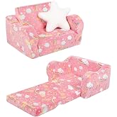 MOMCAYWEX Kids Sofa Chair, 2-in-1 Foldable Couch, Plush, Candy Pink | Fold-Out Sofa Furniture, Removable Washable Soft Cover, Lightweight, Reading Playing Comfy Convertible Chair, Boys Girls