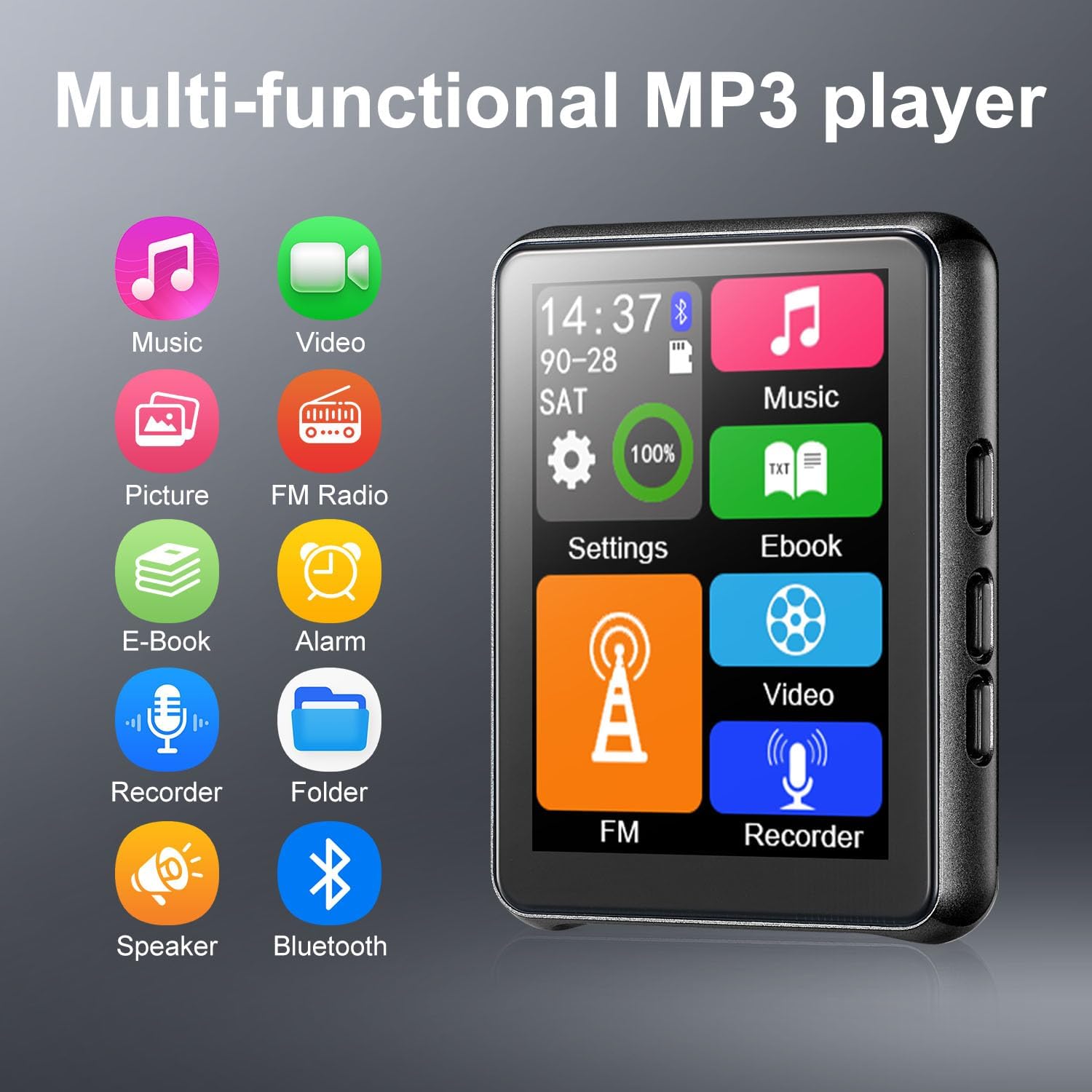64GB MP3 Player Bluetooth 5.3 Touch Screen Music Player Portable mp4 Player with Speakers high Fidelity Lossless Sound Quality 2.4 inch mp3 FM Radio Recording e-Book