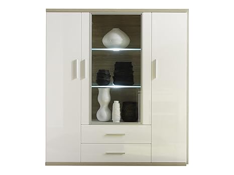 trendteam Wohnzimmer Highboard Schrank Vitrine Arena, 120 x 135 x 37 cm in Korpus Weiß Front Weiß Hochglanz, Ober- und Unterb