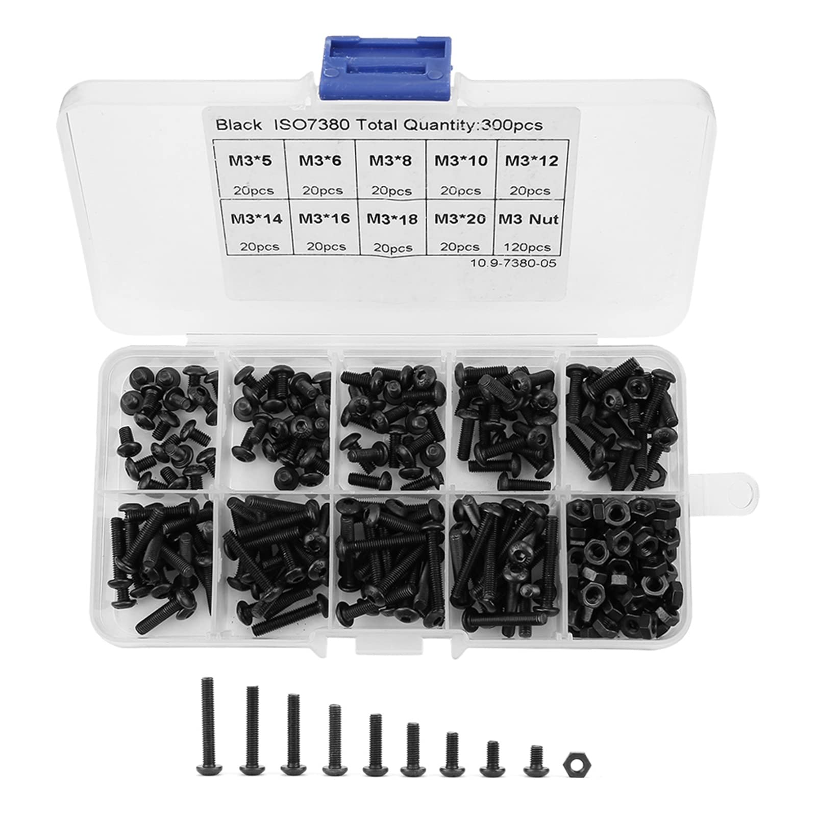 TICFOX 300pcs Hex Socket Screws Screws and Nuts Set M3 Black 10.9 Grade Button Head Hex Socket Screw Bolt Nut Assortment Kit for Communication Equipment Industrial Construction