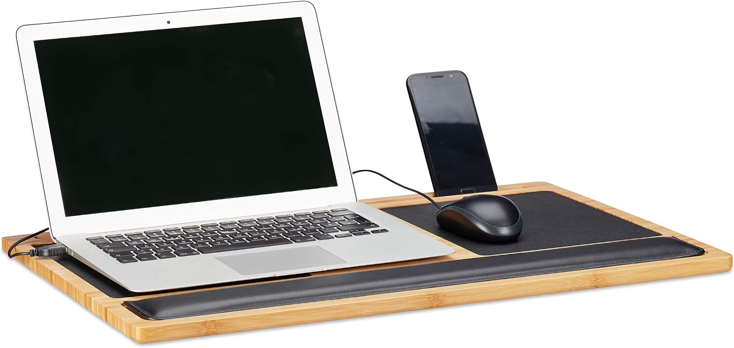 Relaxdays Laptop Tray, Lapdesk with 2 Mouse Pads, Smartphone Holder, WxD: 60 x 40 cm, Bamboo, Natural, 2 x 60 x 40 cm