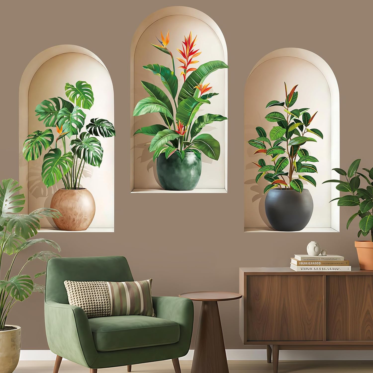 wondever 3D Potted Plants Wall Stickers Green Nature Tropical Leaves Peel and Stick Wall Art Decals for Living Room Bedroom Sofa Background