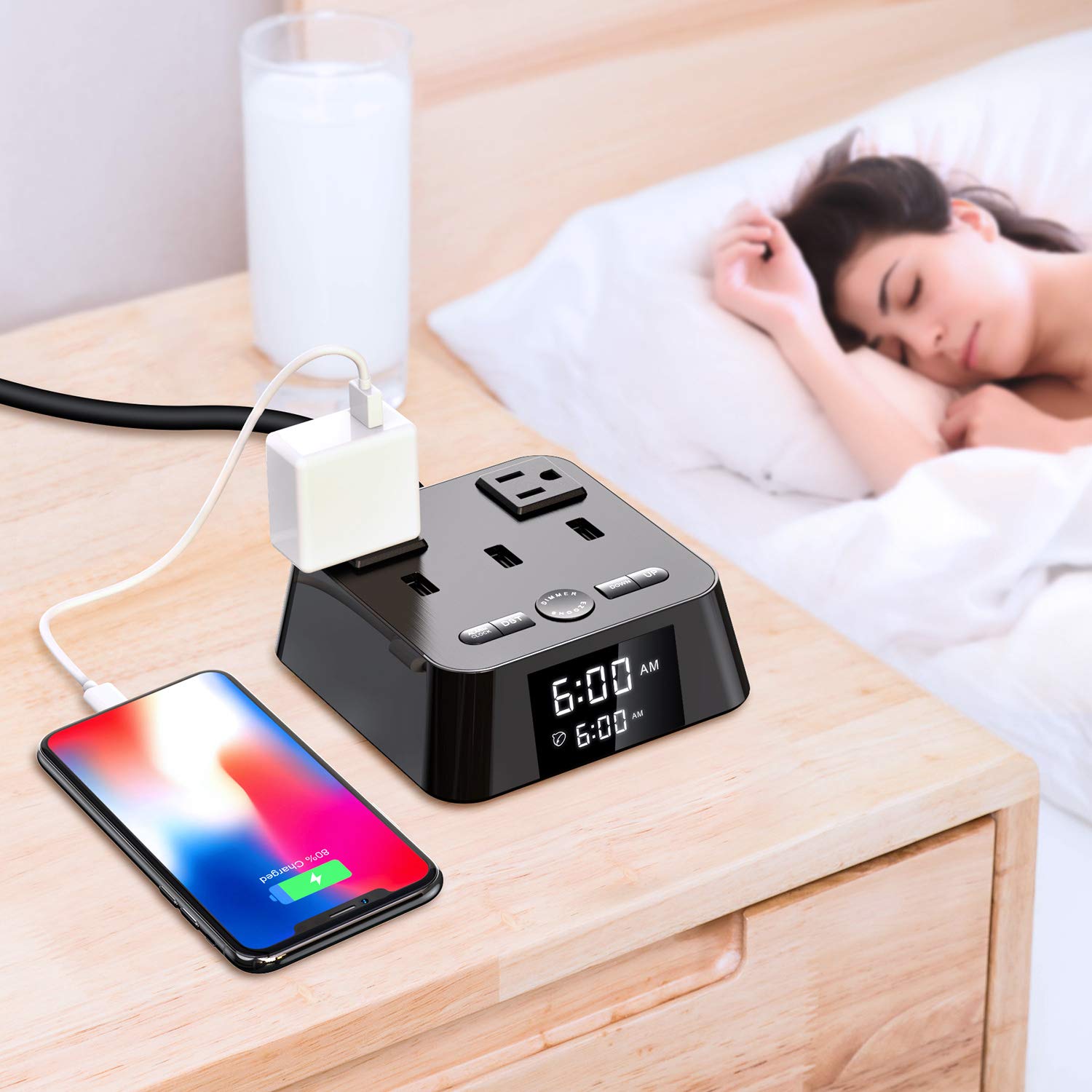 Yostyle Alarm Clock Charger w/3 USB Ports & 2 AC Outlets, 6ft Power Cord Charging Station Power Strip for Hotel Home Office,UL Tested (4 Dimmer Brightness,Snooze,ON/Off Switch,DST Time,Battery Backup)