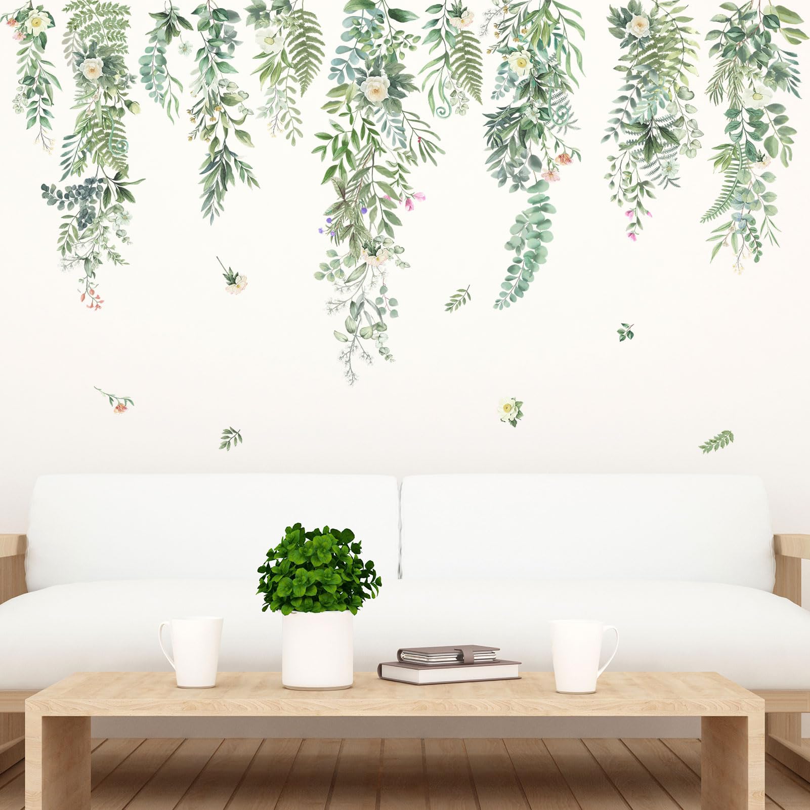 Hanging Leaves Wall Stickers for Bedroom: Peel and Stick Large Green Vine Tree Leaf Wall Decals - Living Room Bathroom Kitchen Office Nursery