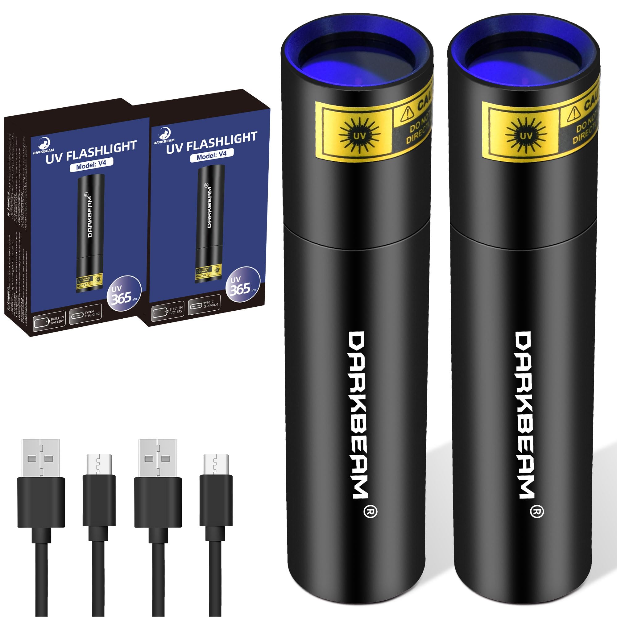 DARKBEAM UV Torch 365nm Black Light Woods Lamp, USB Rechargeable Blacklight LED Ultraviolet Flashlight, Mini Portable Detector for Pet Urine, Uranium Glass, Rocks, Curing Resin, Leak Detection, 2-Pack