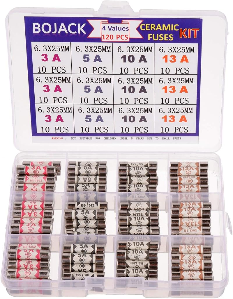 BOJACK 120pcs Ceramic Tube Fuses 3A 5A 10A 13A 6.3x25mm 240V Kit