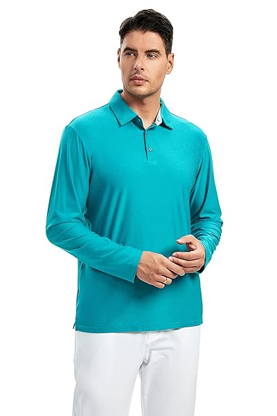 SAMERM GOLF SHIRTS FOR MEN DRY FIT LONG SLEEVE PERFORMANCE MOISTURE WICKING POLO SHIRT,AQUA XXL