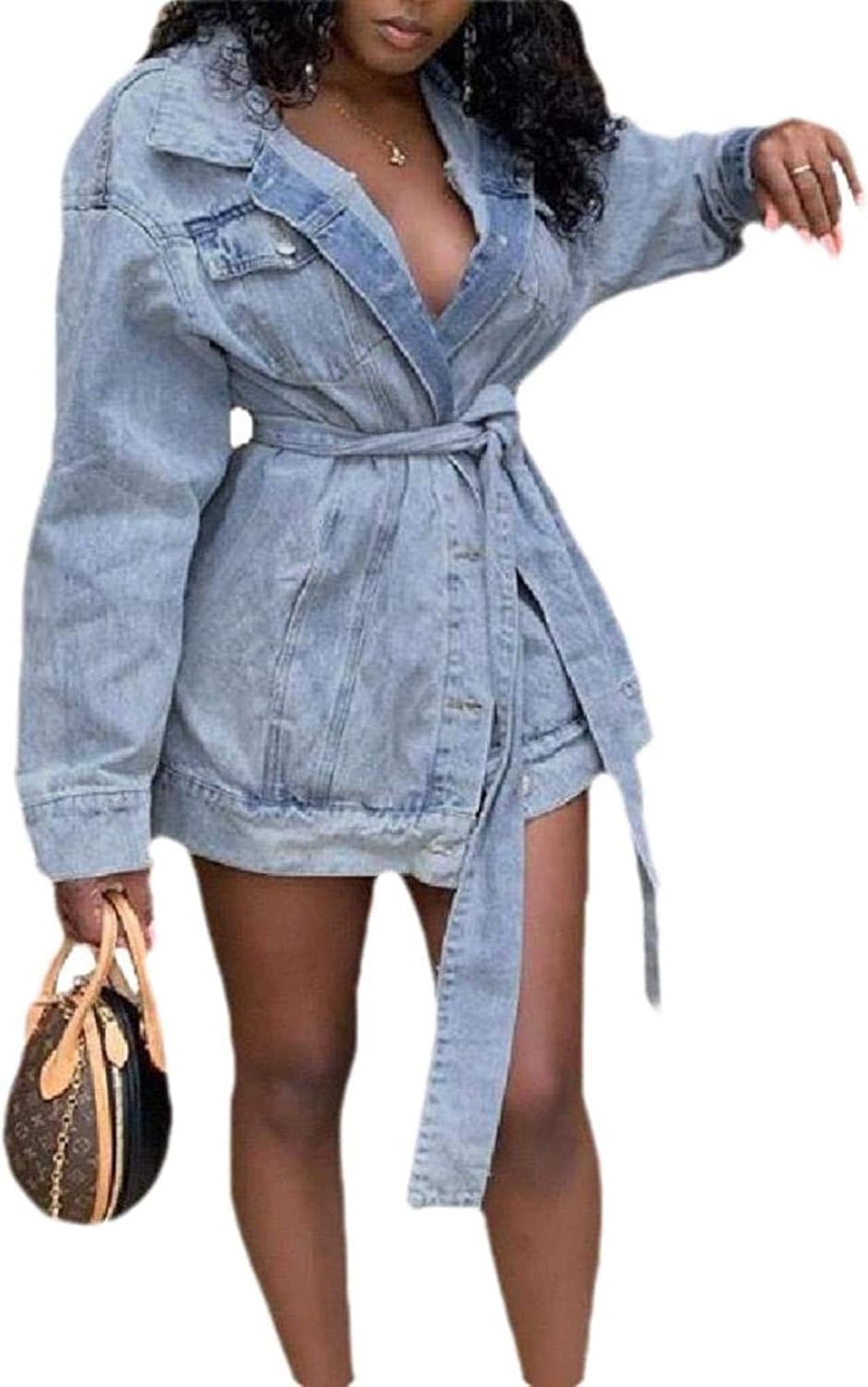 Women's Mid-Long Pocket Buttoned Belt Lounge Jean Jacket Coat at Amazon
