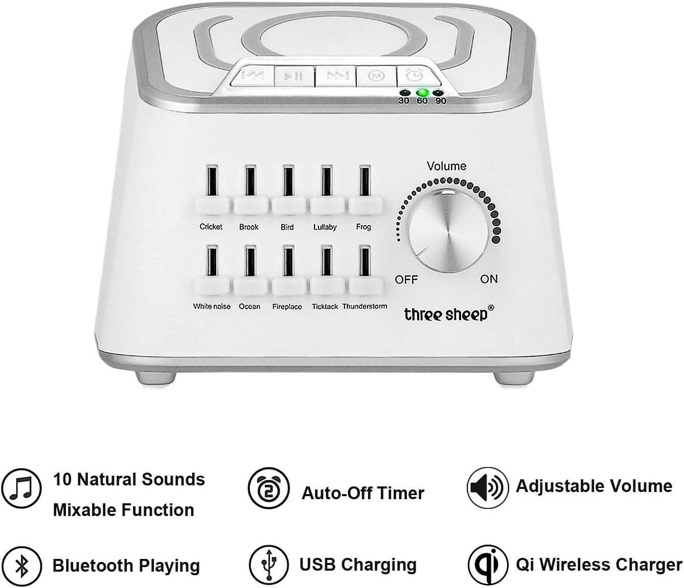 Ovitus S9 White Noise Sleep Sound Machine With Wireless Charging and Bluetooth Audio Playing Functions, 10 Mixable Natural Soothing Therapy Sounds, Create Custom Sound Effect, Suitable for Baby,Adults