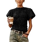 Ziqoty Women's Fuzzy Knit Puff Sleeve Sweater Crew Neck Short Sleeve Cropped Pullover Top Casual Vintage Inspired Outfits