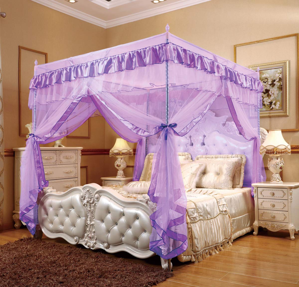 Nattey 4 Poster Corners Princess Bed Curtain Canopy Netting Canopies (Full, Purple)