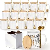 Wovasco 16Pack Sublimation Mugs Blanks, 11oz Sublimation Coffee Mug Bulk, Tazas Para Sublimar White Ceramic Cups with Bamboo Lid and Stainless Steel Spoon for Latte, Hot Cocoa, Individually Boxed
