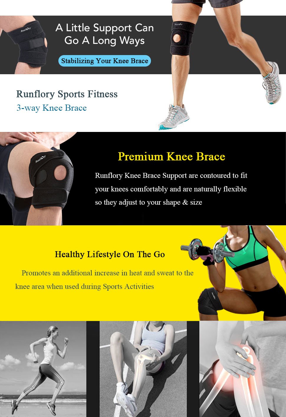 Runflory Knee Support Brace, Adjustable Open Patella Stabilizer Non-slip Neoprene Knee Support Protector w 4 Spring Stays for Compression, ACL, Meniscus Tear, Arthritis - Helps Stabilising & Recovery