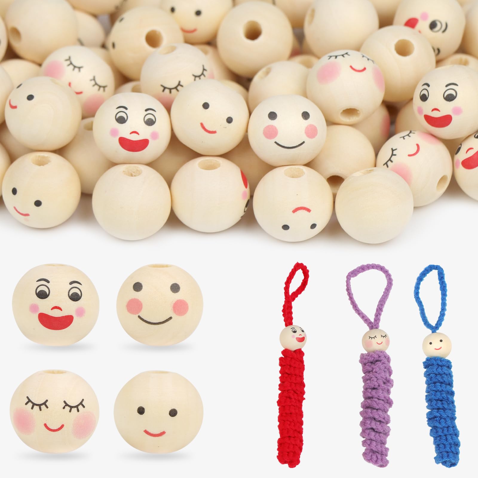 ROYUEXT 120 Pcs Natural Wooden Beads, 20mm Round Smile Face, 4 Styles, DIY Crafts