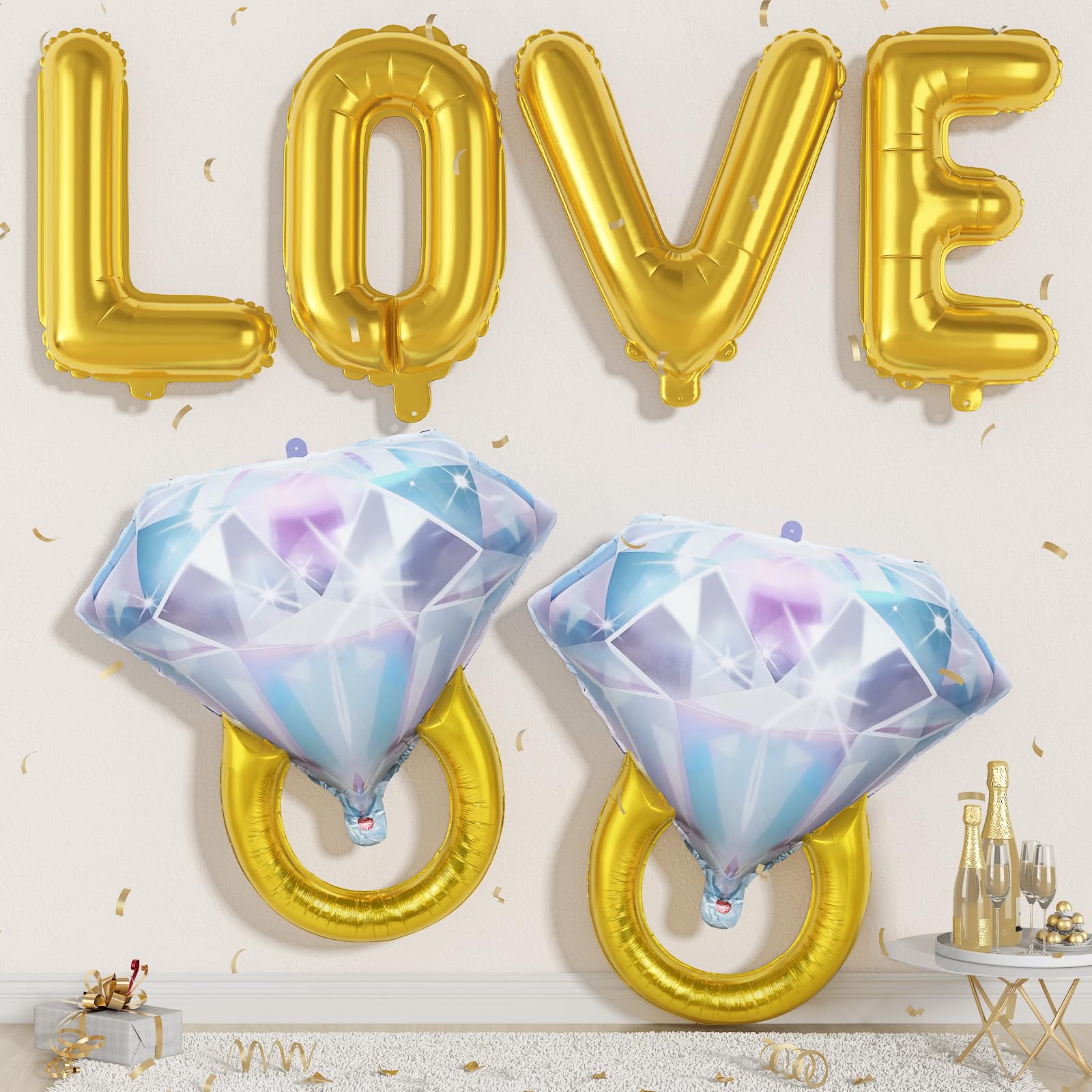 40inch Gold Love Balloons with 2pcs Diamond Ring Foil Balloons, Large Love Letters Engagement Ring Mylar Balloons for Valentines Day Wedding Bridal Shower Anniversary Proposal Marriage Decorations