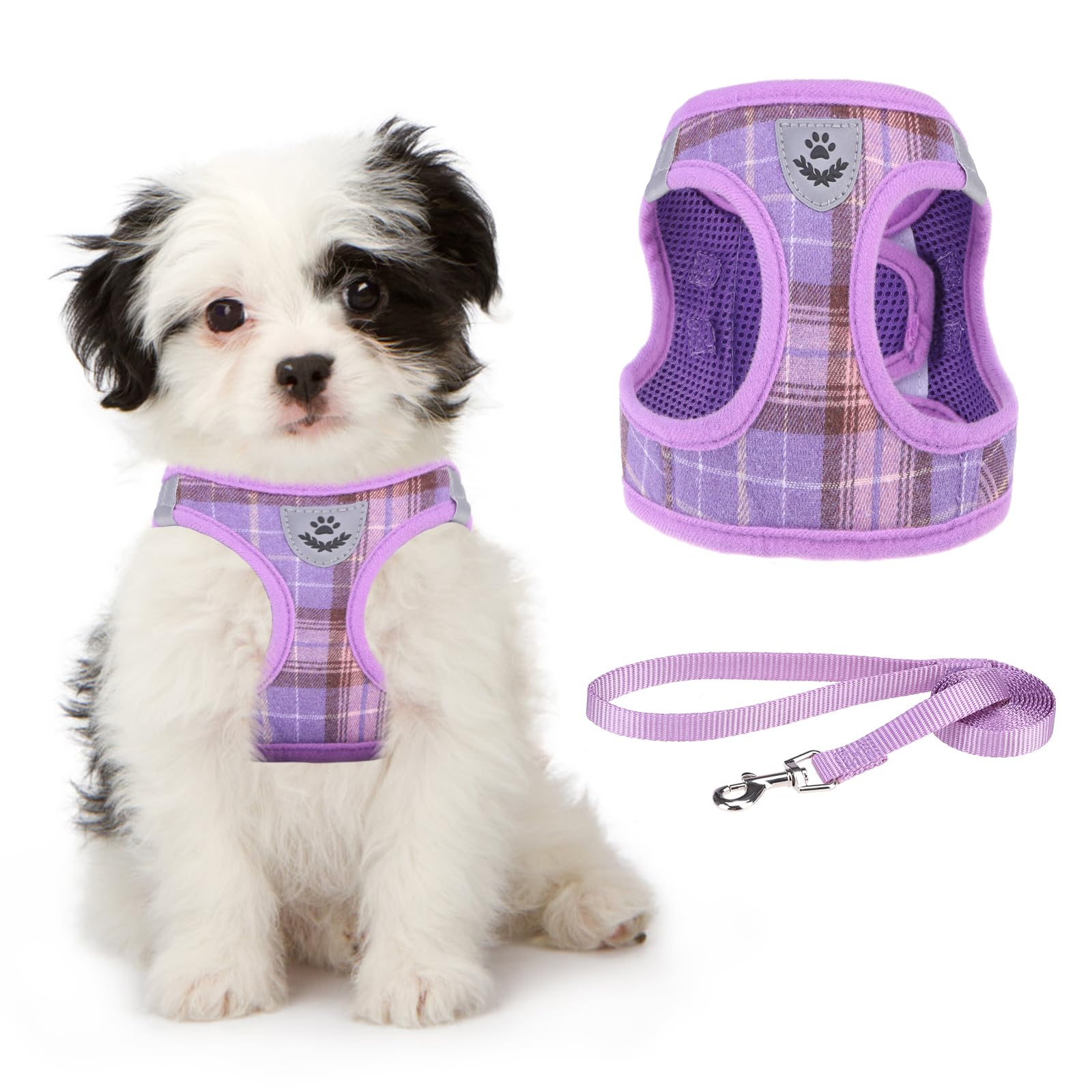 KOOLTAIL Soft Mesh Plaid Puppy Harness - Small Dog Harness and Leash Set, Adjustable & Comfortable with Reflective Design for Puppies and Small Breeds, Outdoor Walking (Purple)