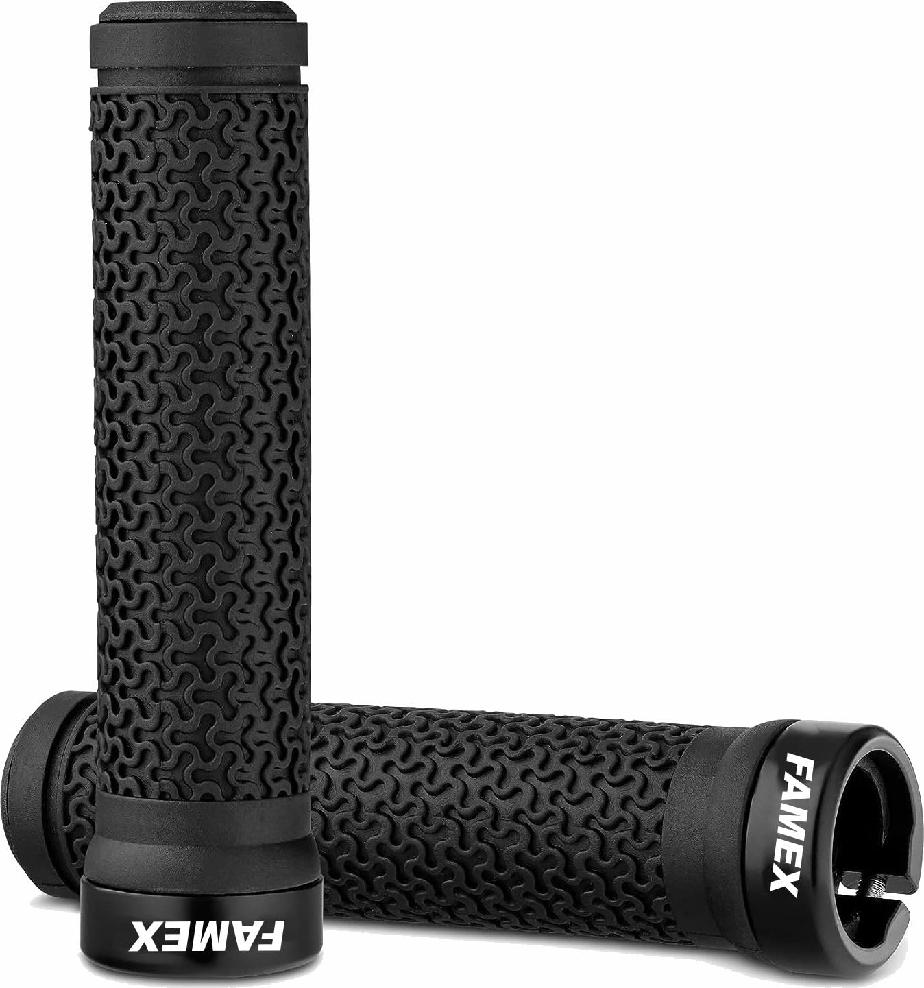 FAMEX RIDE Premium Mountain Bike Grips with Soft Anti-Slip Rubber, Single Lock-on, Black, 5.2in x 0.87in (Internal Diameter), 4.73oz, Aluminium Alloy Lock Ring, Pair