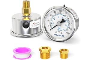 MEANLIN MEASURE 0~200Psi Dry Pressure Gauge Stainless Steel 1/4" NPT 2" FACE DIAL Waterproof for Air Compressor Air Regulator Water Filter Center Back Mount, with 1/2" NPT and 3/8" NPT Hex Bushing