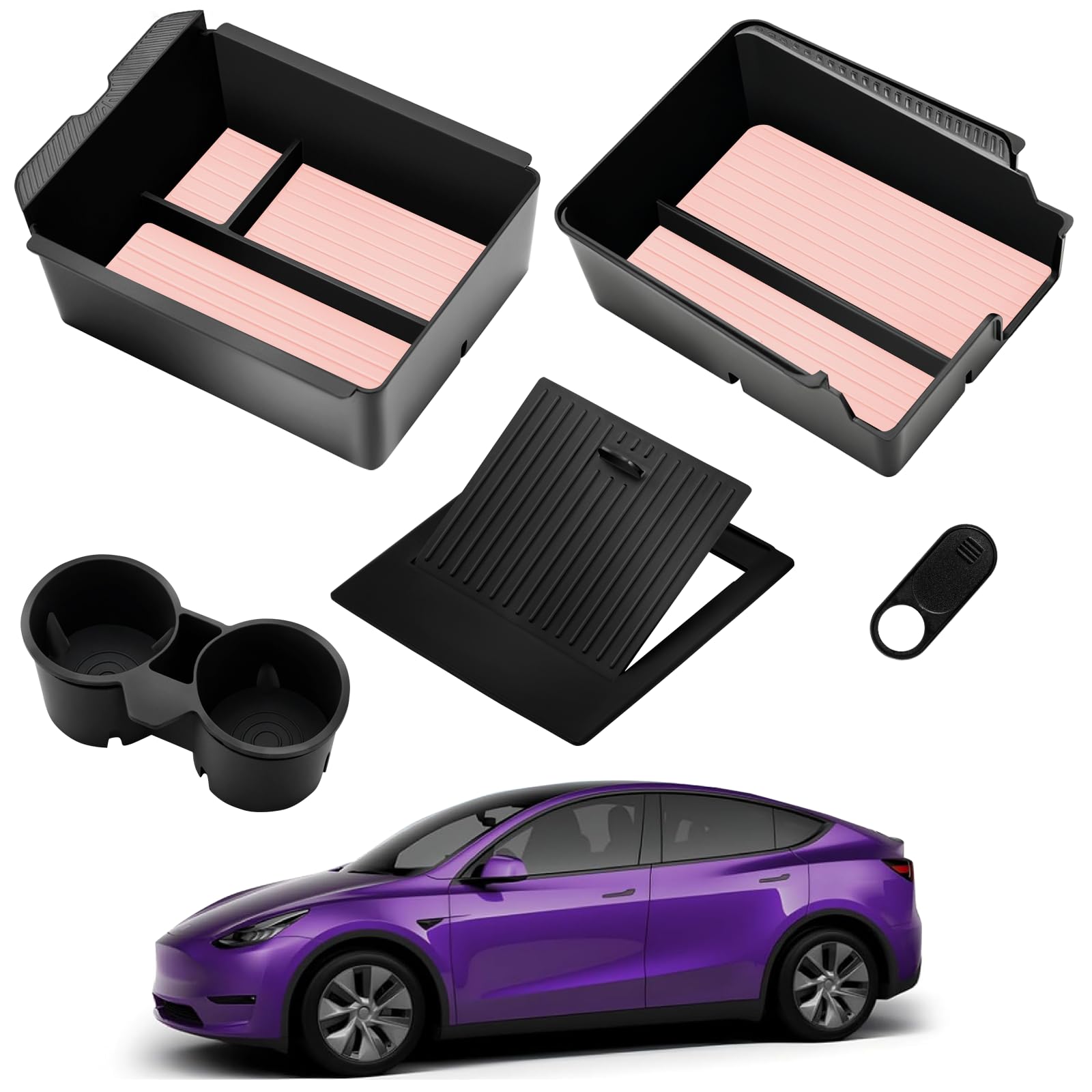 Photo 1 of TSLDRV 2025 Upgrade Center Console Organizer Tray for Tesla Model Y Accessories 2024-2020/For Tesla Model 3 Accessories 2023-2021 [Slide Smoothly/US Patent] Cup Holder Pink