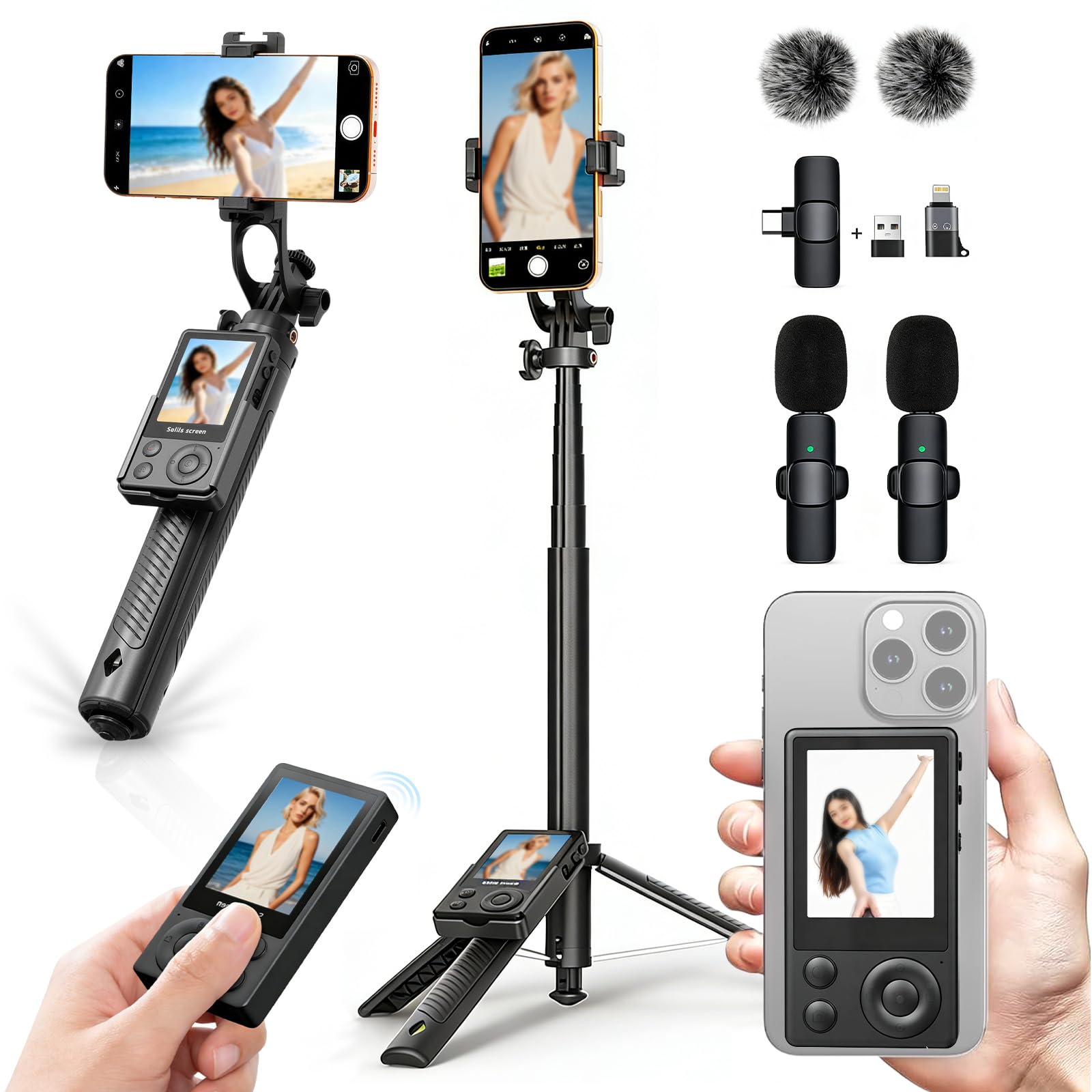 Photo 1 of Wireless Selfie Monitor Vlogging Kit with Microphone, 65in Extendable Phone Tripod Selfie Stick, Magnetic Back Camera Monitor, 164ft Stable Wireless Casting, No Lag No Overheating,for iPhone & Android