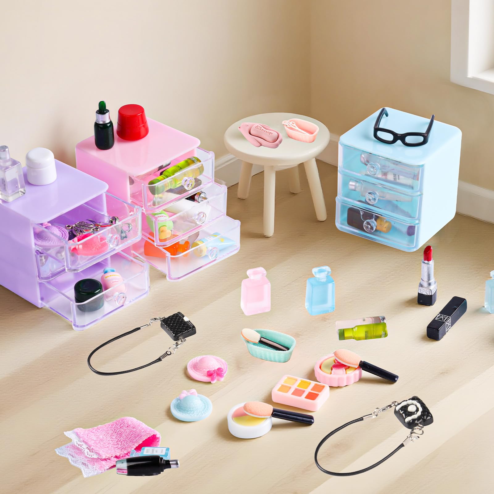 76pcs Miniature Dollhouse Accessories,Dollhouse Bathroom Set with Makeup Set Towel Toothbrush Shampoo Toiletries Set,Miniature Stuff Jewelry Storage Case Perfume Shoes Backpack for Girl Micro Scene