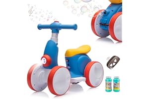 JoyRydz 6V Electric Baby Balance Bike with Bubble Machine,4 in 1 Toddler Balance Bike w/Remote for 1 Year Old Boys Girls Kids Bubble Bike Ride on Toys w/Powered Motor,Music,LED Lights (Blue&Red)