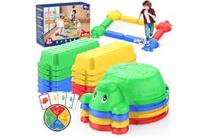 DUFVRPE 16 Pcs Balance Beam and Stepping Stones for Kids - 4 Turtle Shape Stepping Stones and 12 Connectable Beams with Sound Feature,Color Spinner, Riddle Cards, Fun Balance Training and Obstacle Course