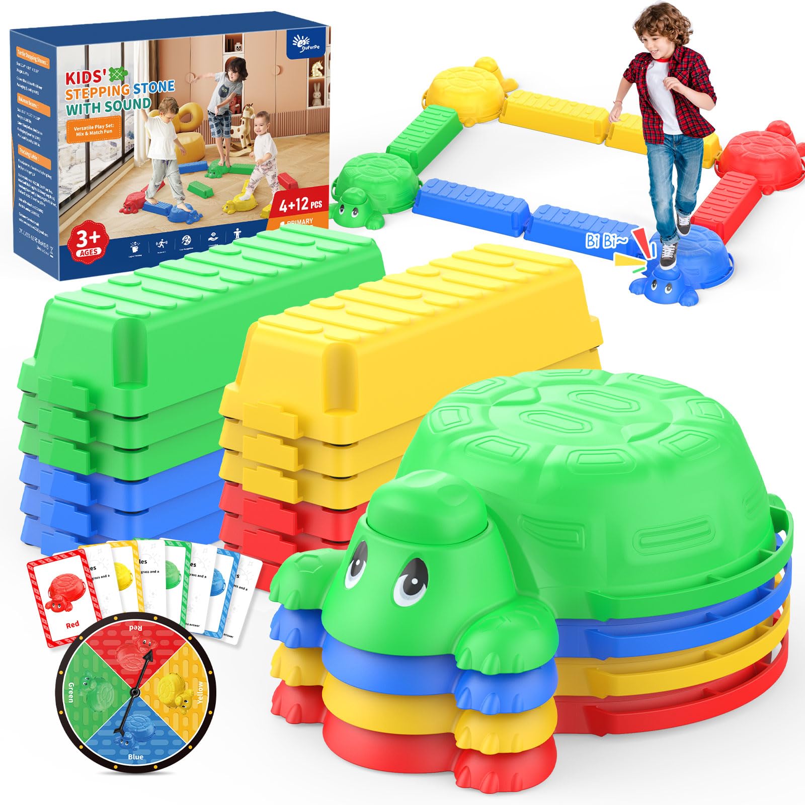 Photo 1 of 16 Pcs Balance Beam and Stepping Stones for Kids - 4 Turtle Shape Stepping Stones and 12 Connectable Beams with Sound Feature,Color Spinner, Riddle Cards, Fun Balance Training and Obstacle Course