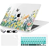 MecBevia Compatible with MacBook Air 13.3 inch Case 2021-2018 Release A2337 M1 A2179 A1932 Touch ID, Plastic Hard Shell&Keyboard Cover&Screen Protector&Webcam Cover&Type-C Adapter, Butterfly Flowers