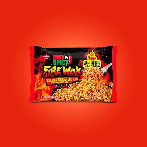 NISSIN FIRE WOK, SCREAMIN BEEF FLAVOR, HOT & SPICY CHILE INFUSED ASIAN NOODLES, 3.10 OUNCE (PACK OF 12)