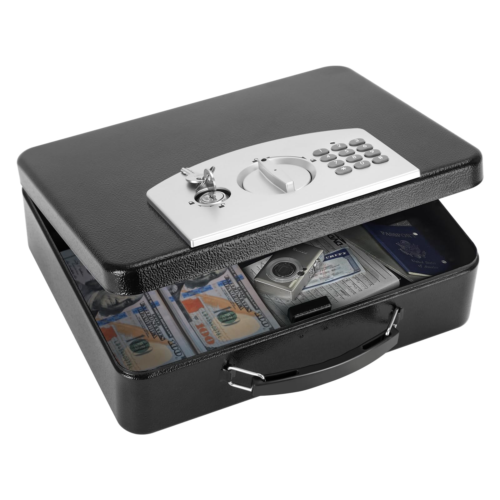 Photo 1 of KYODOLED Safe Box with Digital Keypad Lock, Lock Box with Code for Personal Items, Metal Security Box for Cash, Passport, Jewelry, Ideal for Home, Office, Garage Sale, 11.8'' x 9.4'' x 3.5'', Black