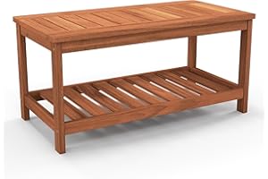 Tangkula Wood Outdoor Patio Coffee Table, 2-Tier Coffee Table with Slat Tabletop, Storage Shelf, Rectangle Patio Furniture for Garden Backyard Conversation (Natural)