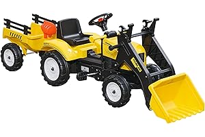 Aosom Kids Ride-On Excavator, Pedal Car Bulldozer, Move Forward/Back with Real Working Dirt Bucket, 6 Wheels, & Cargo Trailer