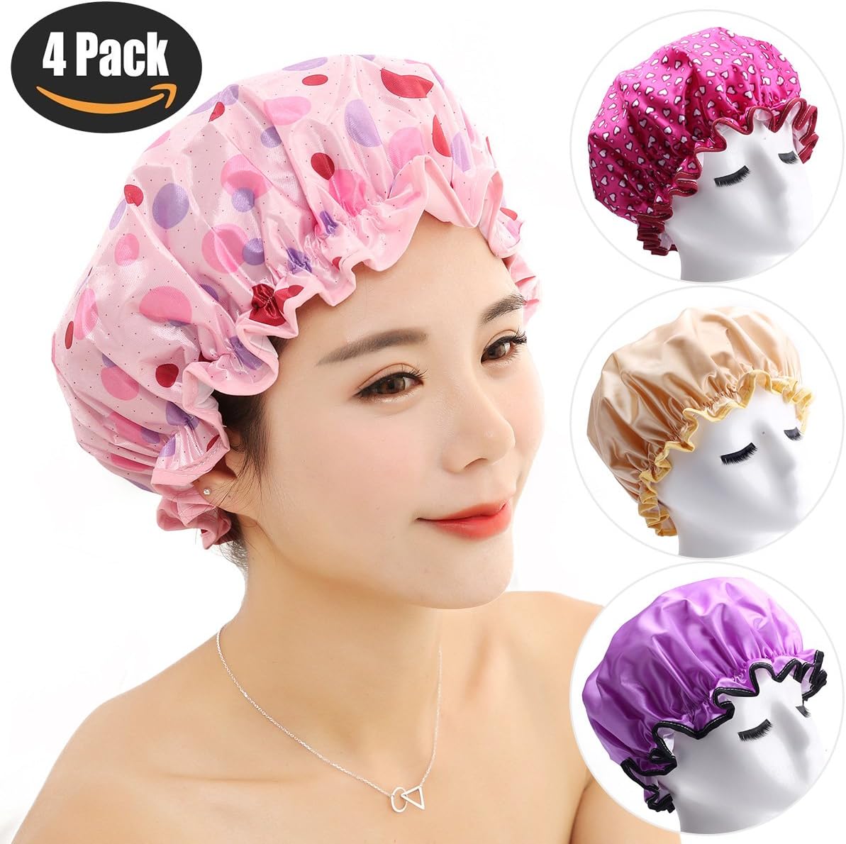 EBEYUKI Shower Cap 4 PACK Bath Cap Designed for Women Waterproof Double Layer Satin Lined