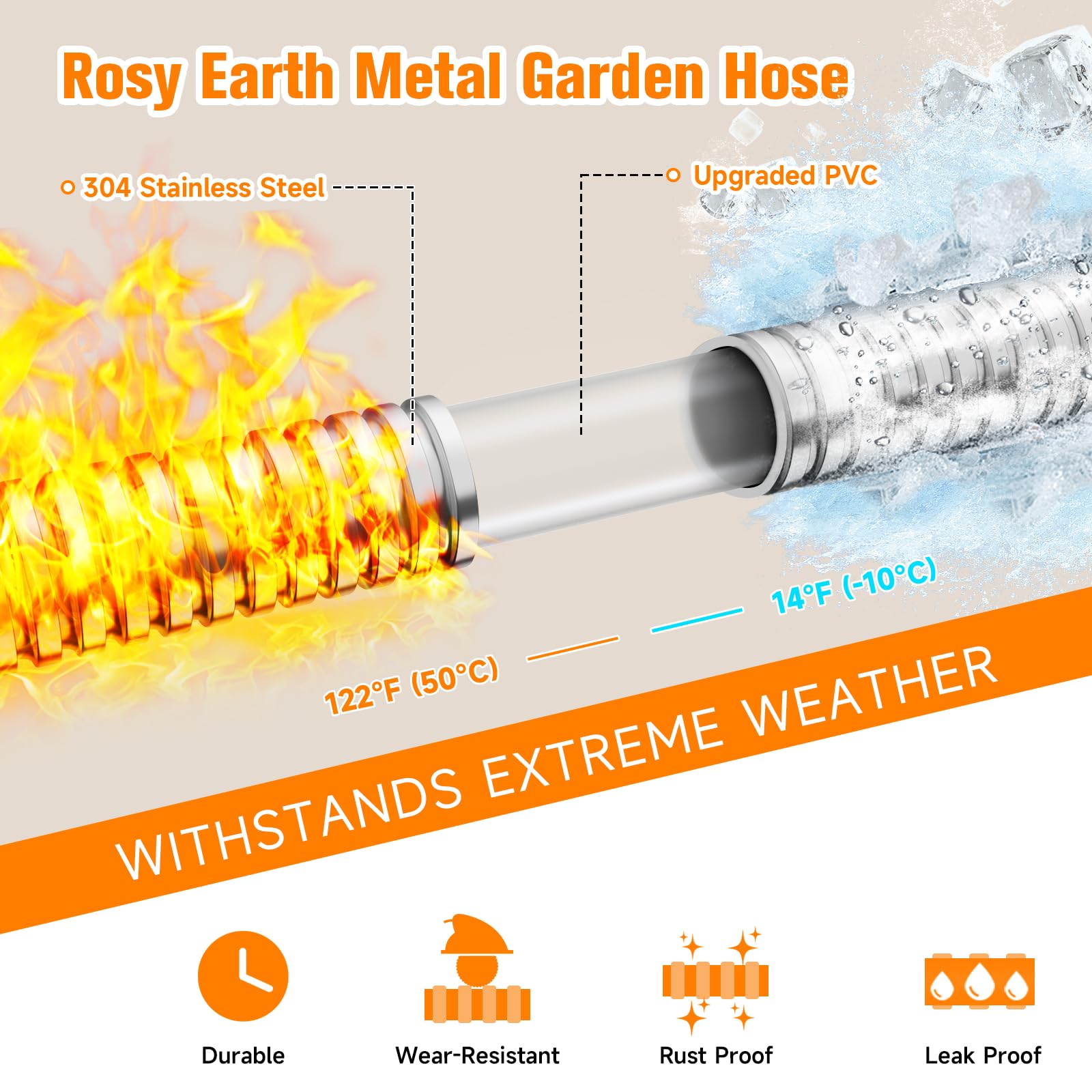 Rosy Earth Metal Garden Hose 25 FT - 304 Stainless Steel Water Hose 25 FT - Expandable Short Flexible Garden Hose,no Kink Explosion, no Bite