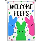 Shuitouk Happy Easter Peeps Garden Flag Welcome Easter Bunny Garden Flags for Outside 12x18 Double Sided Yard Sign Garden Flag Outdoor House Holiday Party Decor