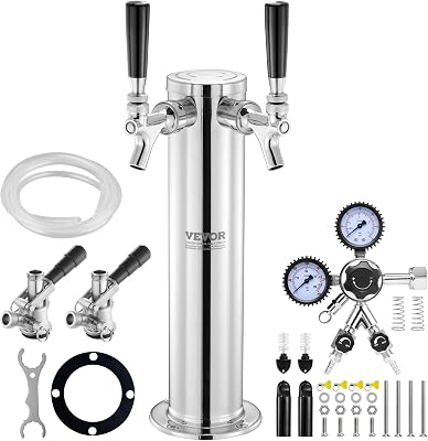 Kit Colonne à Bière 2 Robinets, Distributeur de Bière Boisson en Acier Inoxydable, Tireuse à Bière avec Régulateur à Double Jauge W21,8 et Coupleur de Fût Système S, pour Bar Restaurant Maison