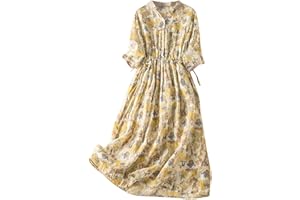 GENERIC Womens Long Sleeve Dresses Dresses for Women Crew Neck Linen Beach Fairy Hawaiian Ruched Maxi Long Dresses 2024